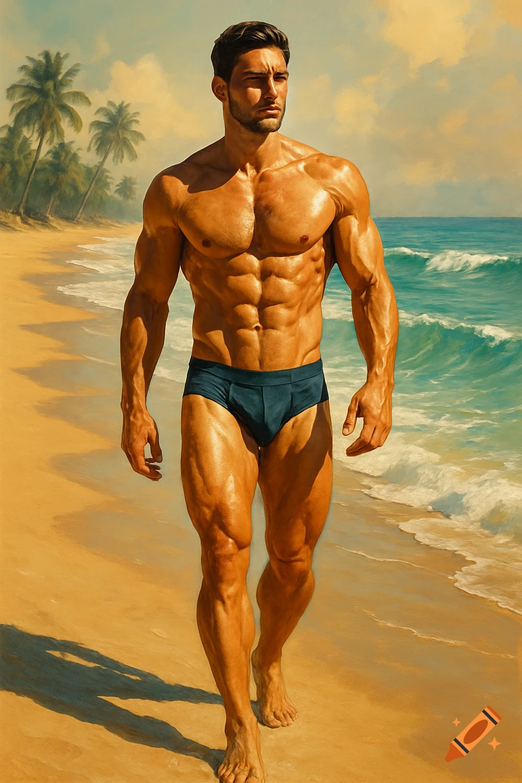 A very muscular man in dark briefs walks along a sunny sandy beach with ocean waves and palm trees in a painterly style.