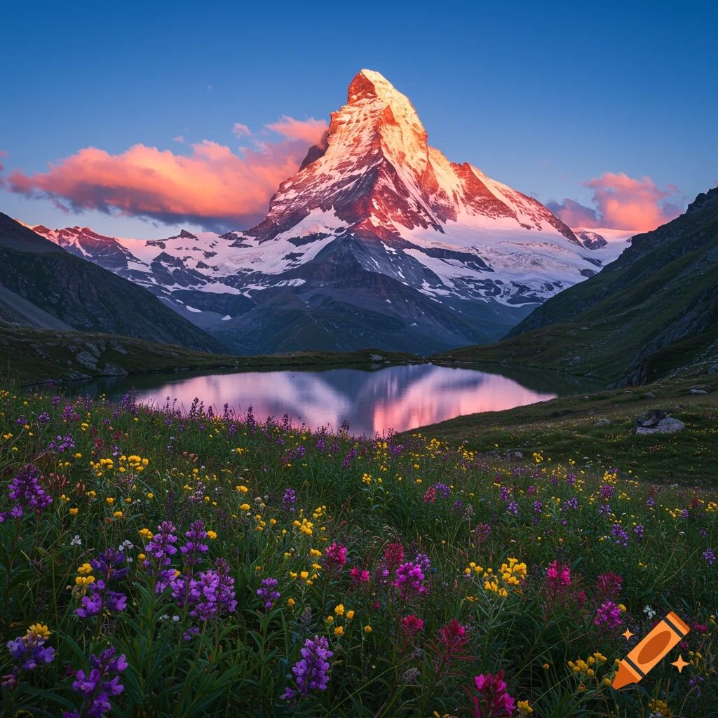 Photorealistic landscape of a snow-capped mountain reflecting in a tranquil lake, surrounded by a vibrant field of colorful wildflowers under a twilight sky.