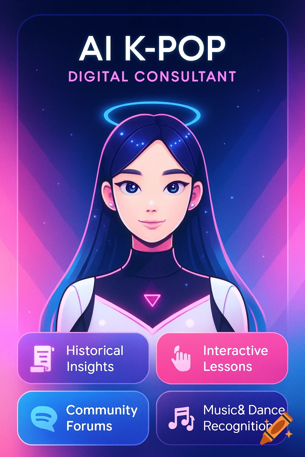 Anime style mobile app page for 'AI K-POP Digital Consultant' with a stylized character and feature buttons.