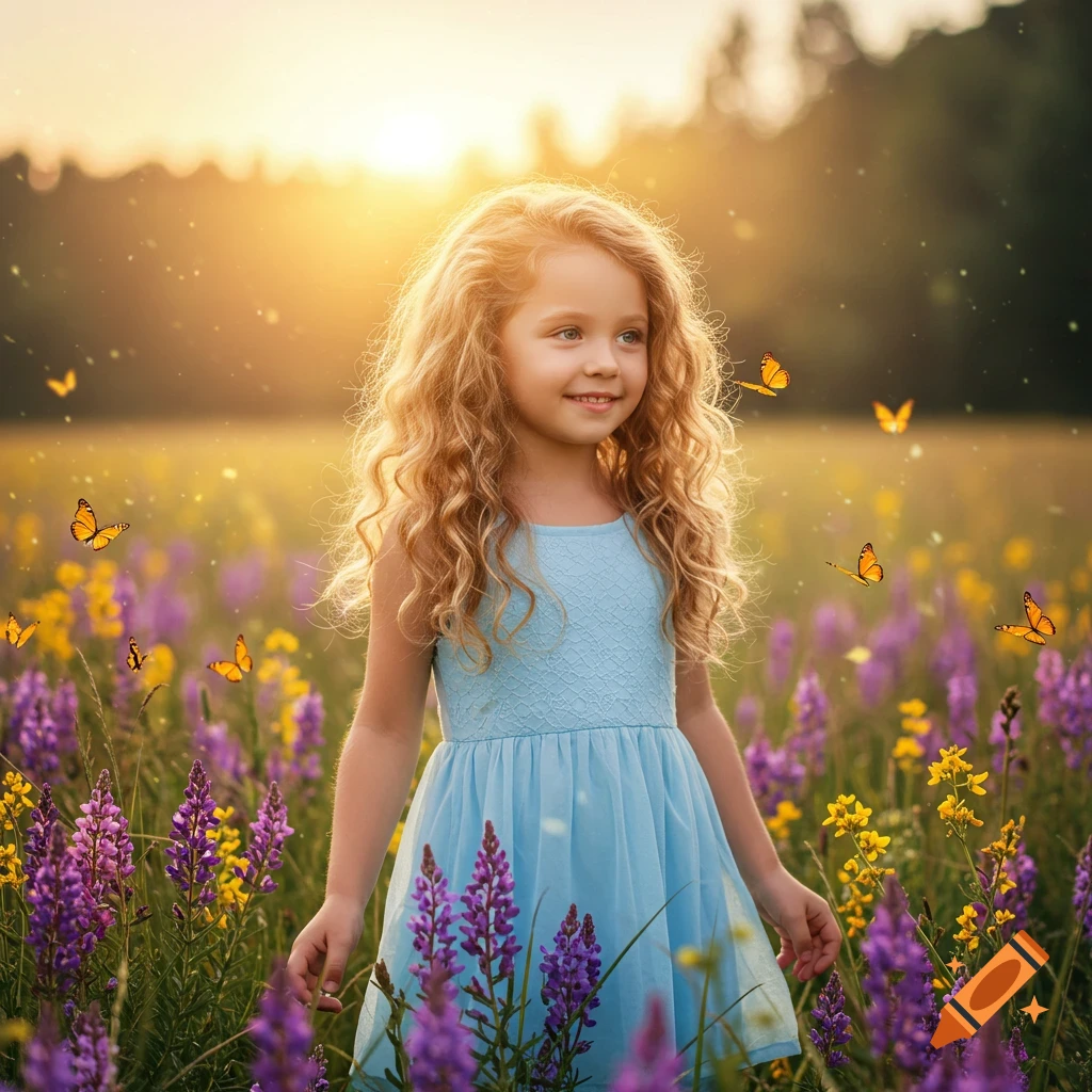 A smiling young girl with long curly blonde hair stands in a sunny field of purple and yellow wildflowers with butterflies.