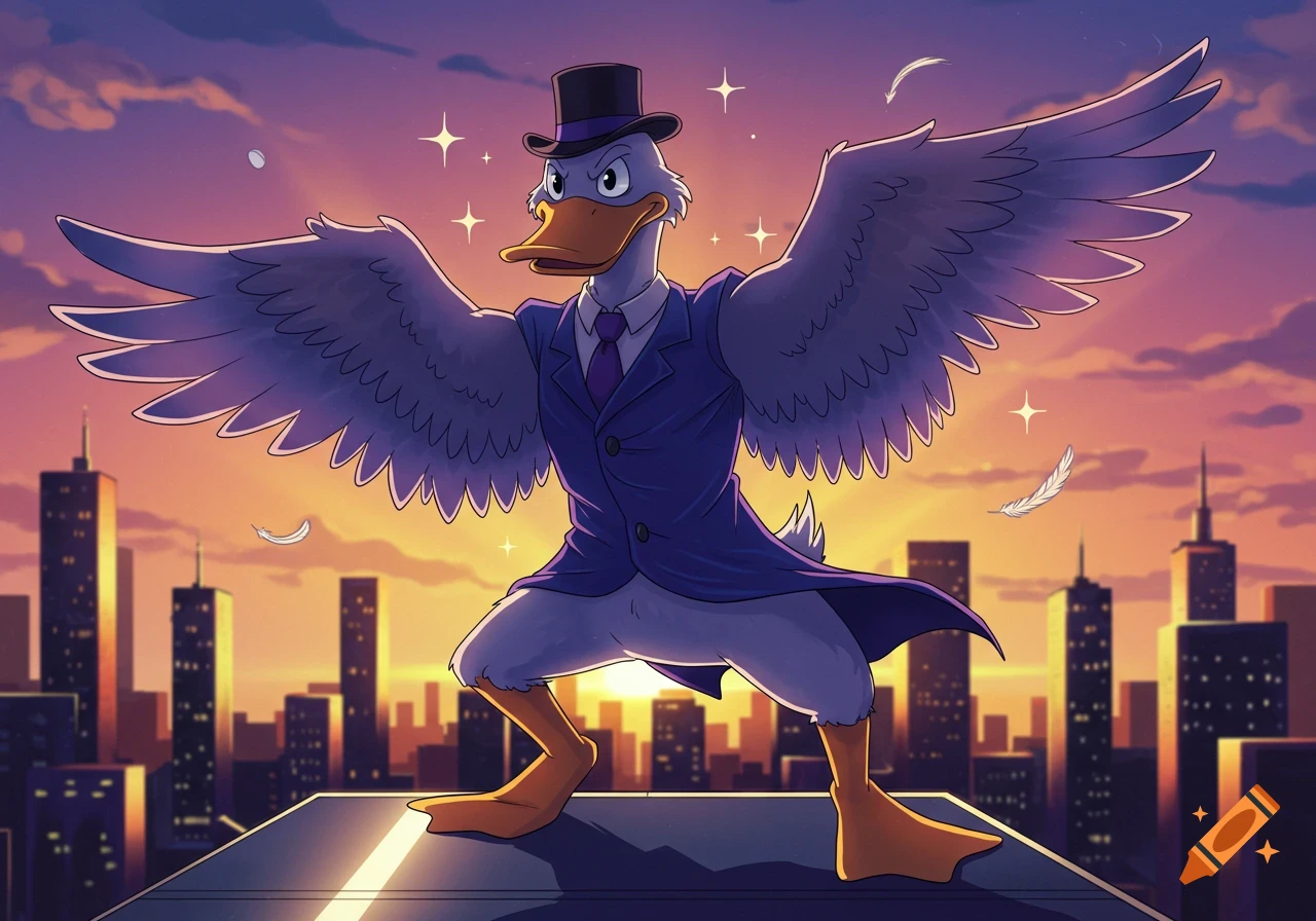 A determined cartoon duck in a top hat and purple suit with wings spread, standing on a rooftop at sunset with a city skyline.