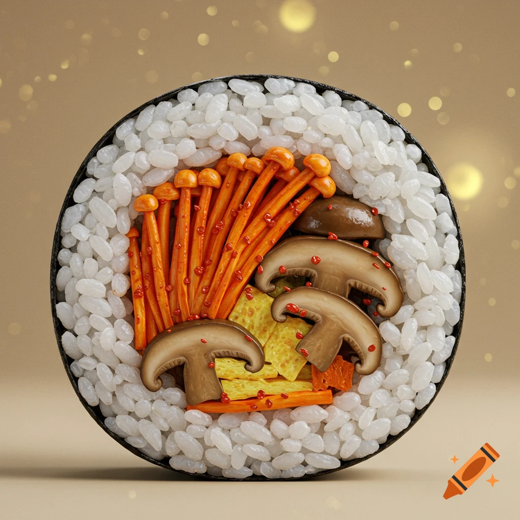 A close-up of a gimbap roll filled with white rice, black seaweed, red-seasoned enoki mushrooms, shiitake mushrooms, and yellow omelet strips, against a gold background with bokeh.