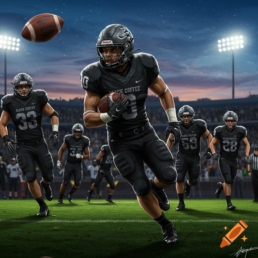 An illustrated depiction of a football player in a black uniform running with the ball on a green field under stadium lights, with teammates around.