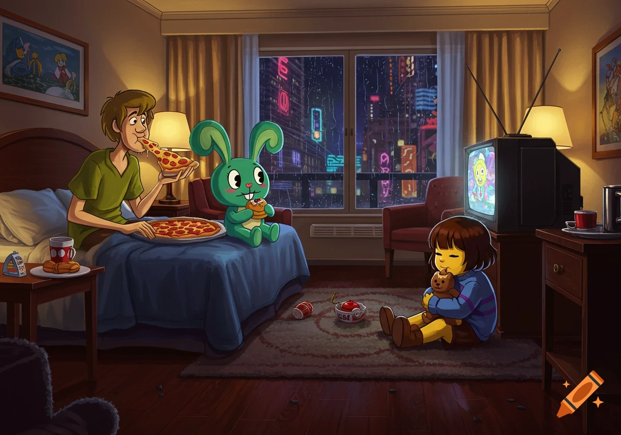 Shaggy, a green rabbit-like character, and Frisk from Undertale relax in a hotel room at night, eating pizza and watching TV while rain falls outside.