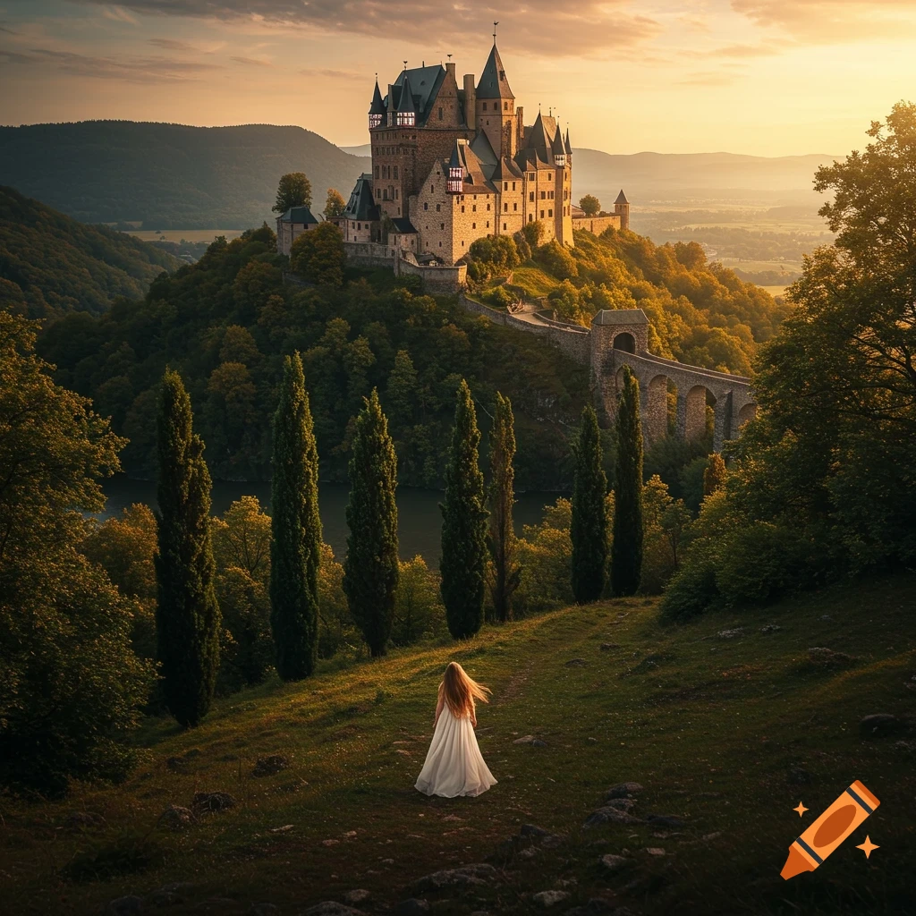 A photorealistic view of a medieval castle atop a hill at sunset, with a girl in a white dress walking through a green valley below.