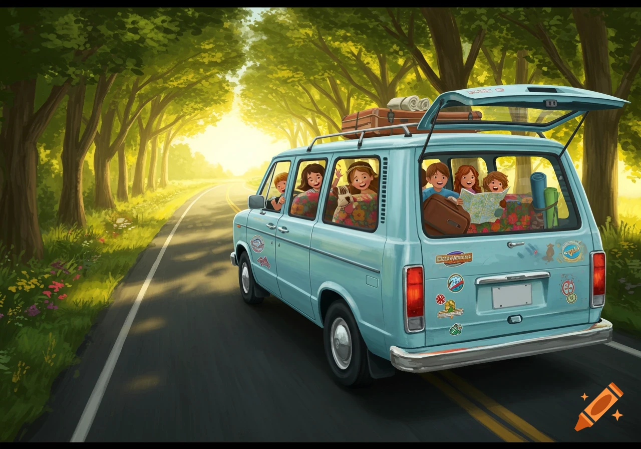 A light blue minivan full of smiling children drives on a sunny road lined with green trees in an illustrative style.