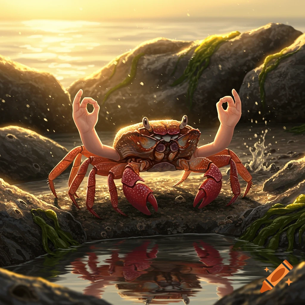 A photorealistic and surreal crab with human hands making an 'OK' gesture on a rocky beach at sunset.
