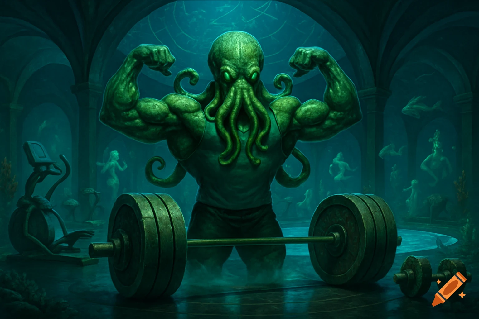 A muscular, green Cthulhu-like creature with glowing eyes flexes its biceps in an eerie underwater gym, surrounded by weights and ancient structures.