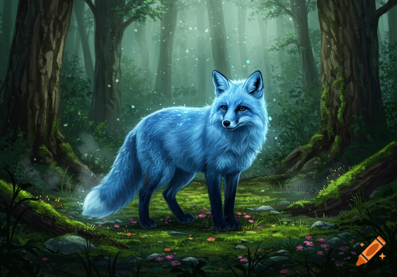 A vibrant blue fox with glowing eyes stands gracefully in a mystical, misty forest with dappled light.
