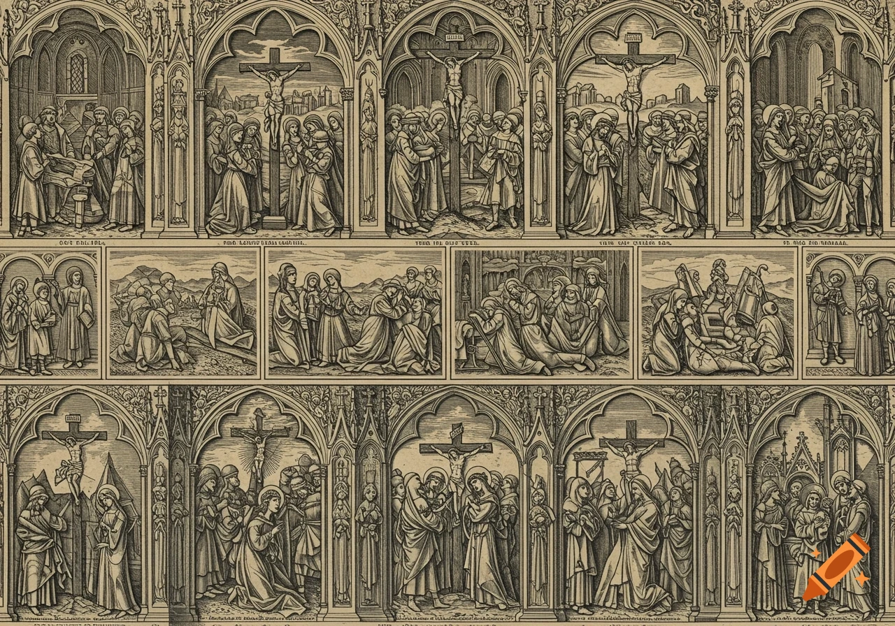 A series of wood engraving style panels depicting scenes from The Stations of the Cross, showing figures in traditional garb.