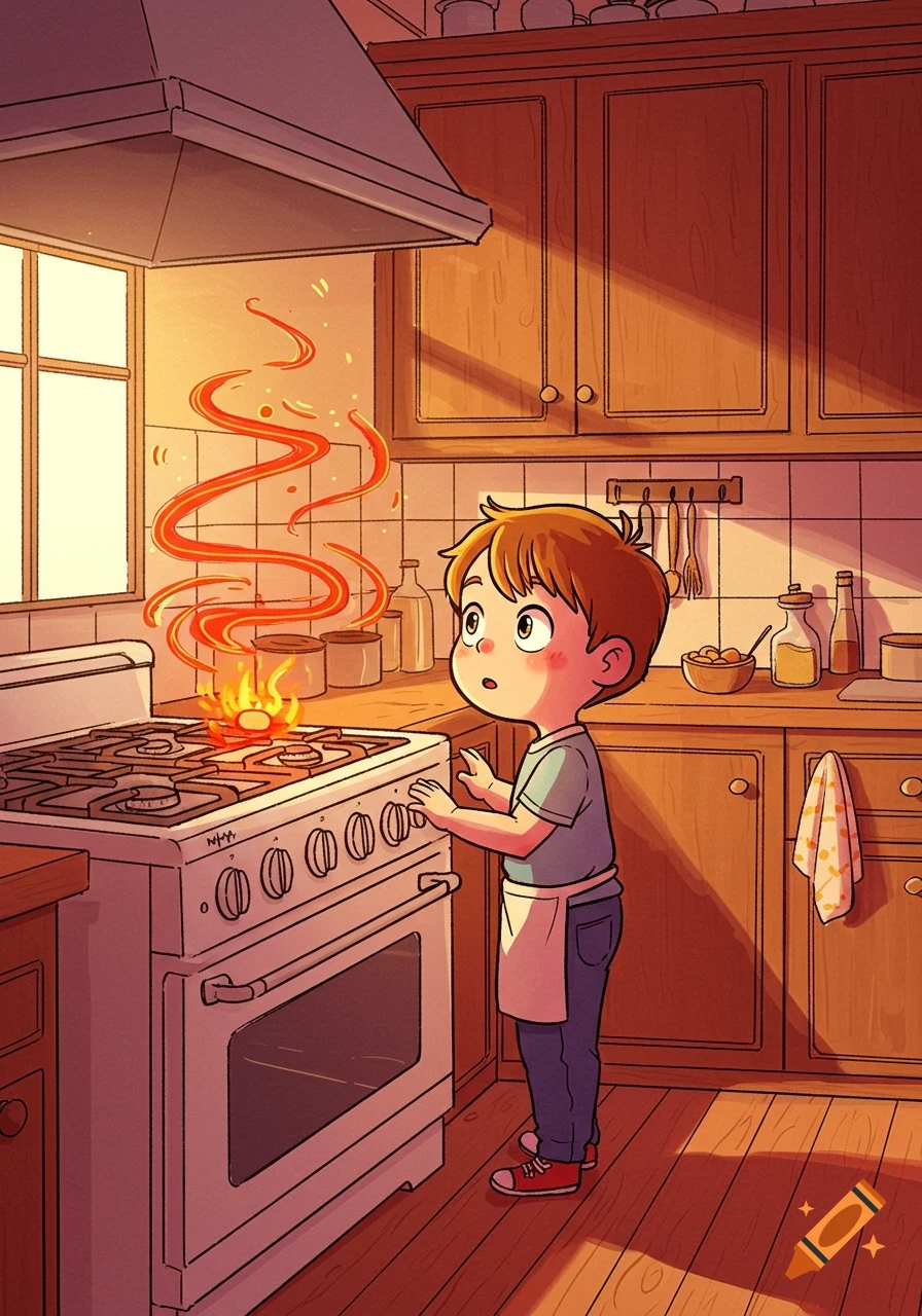 A cartoon boy in a kitchen watches a small fire burn on the stovetop, stylized with red wavy lines.