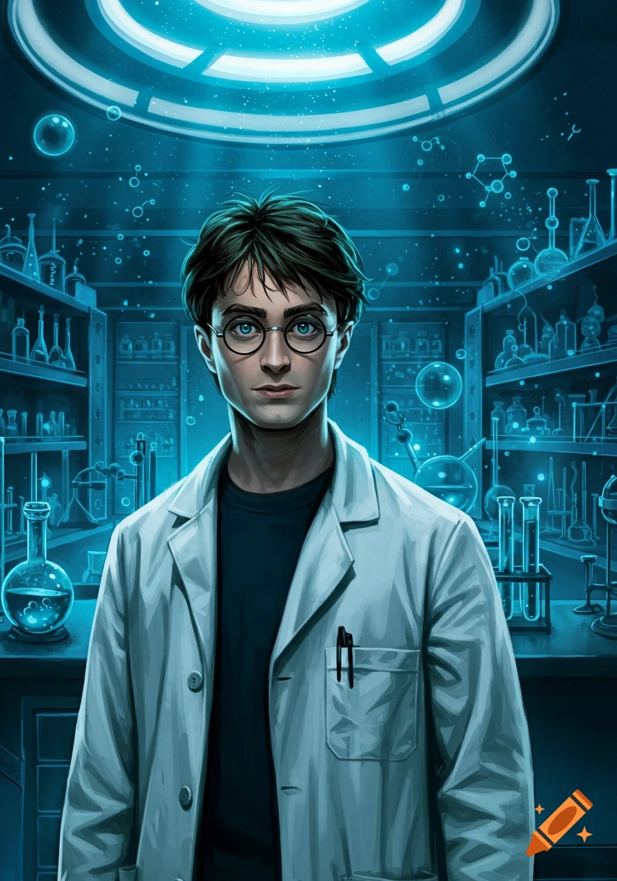 A character resembling Harry Potter in a lab coat and glasses, standing in a glowing blue science lab with beakers and test tubes.