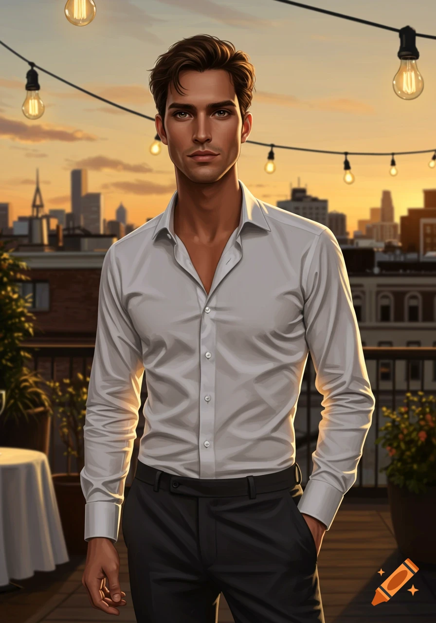 A handsome man in a white shirt stands on a rooftop at sunset with a city skyline and string lights, digital painting.