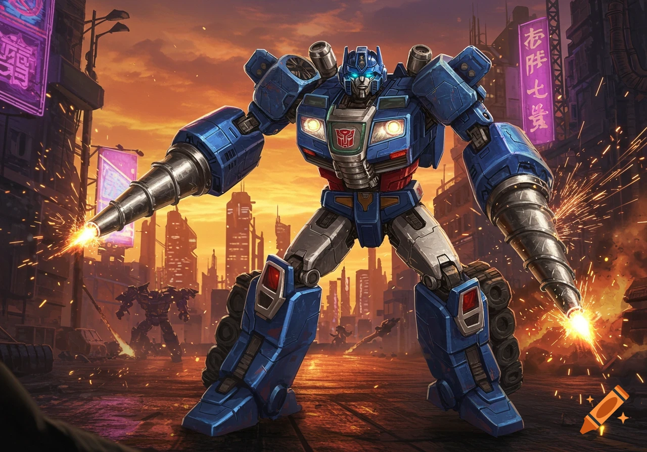 A blue and grey robot with drill arms stands in a futuristic city, sparks flying from its drills at sunset.
