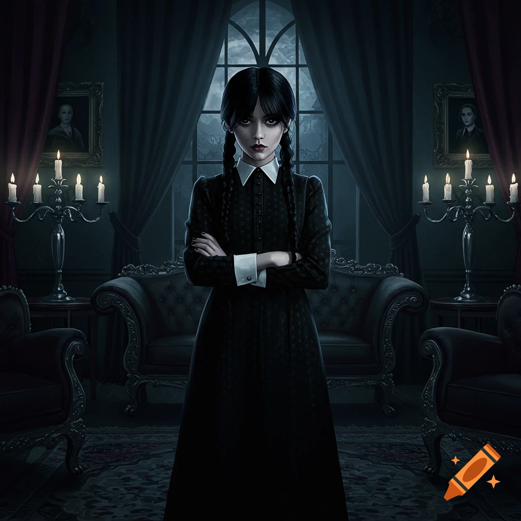 Wednesday Addams stands with crossed arms in a dark, gothic room with candelabras and a moonlit window, art illustration.