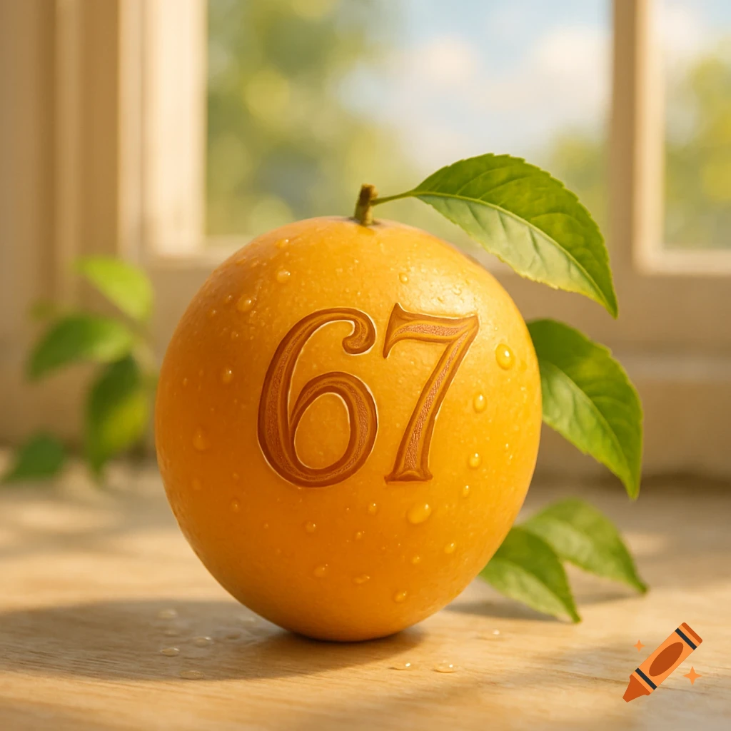 A fresh orange with water droplets, displaying the number 67, rests on a wooden surface by a window.