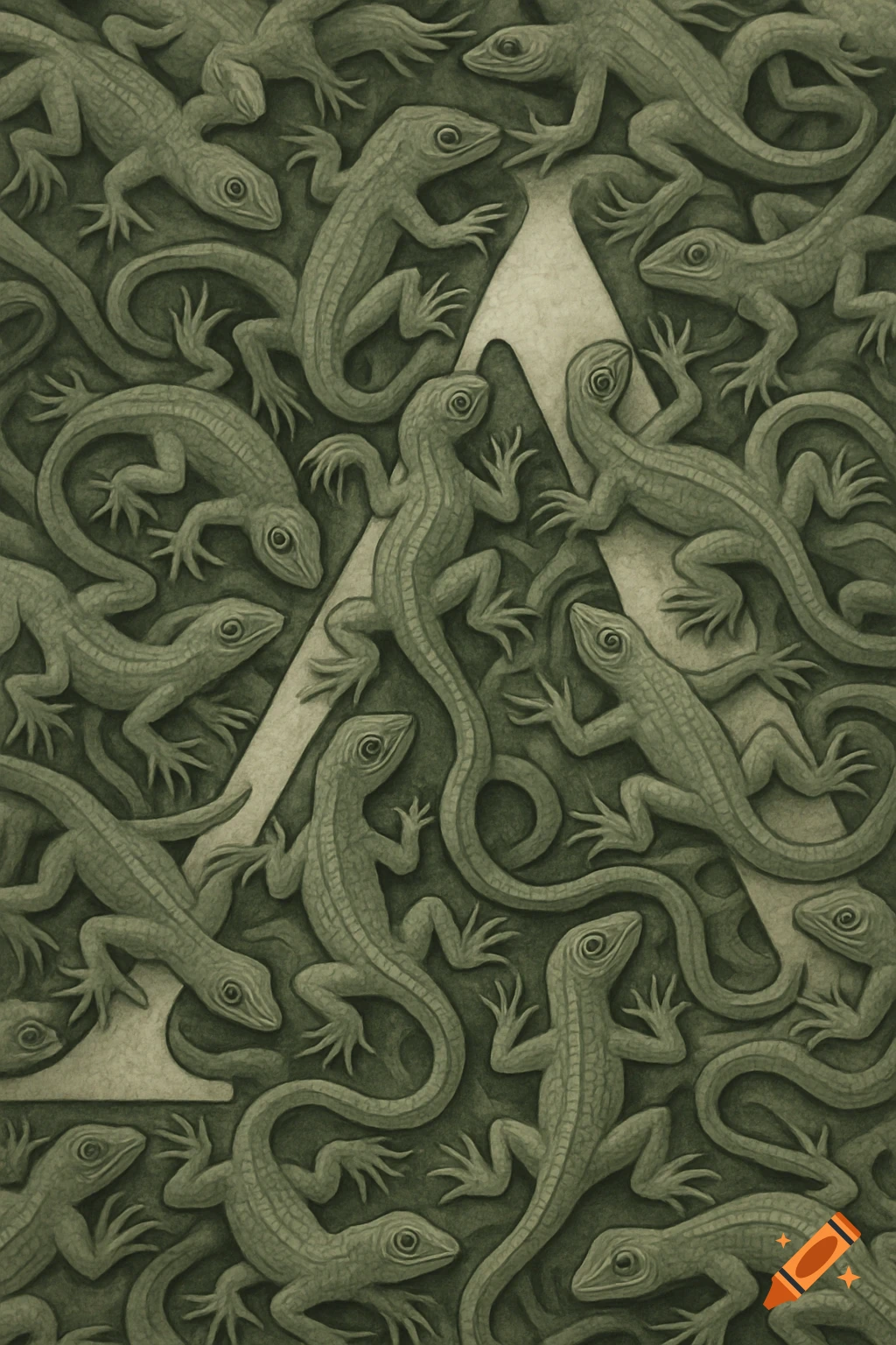 An M.C. Escher-style tessellation of green lizards forming a Lambda symbol in the negative space.
