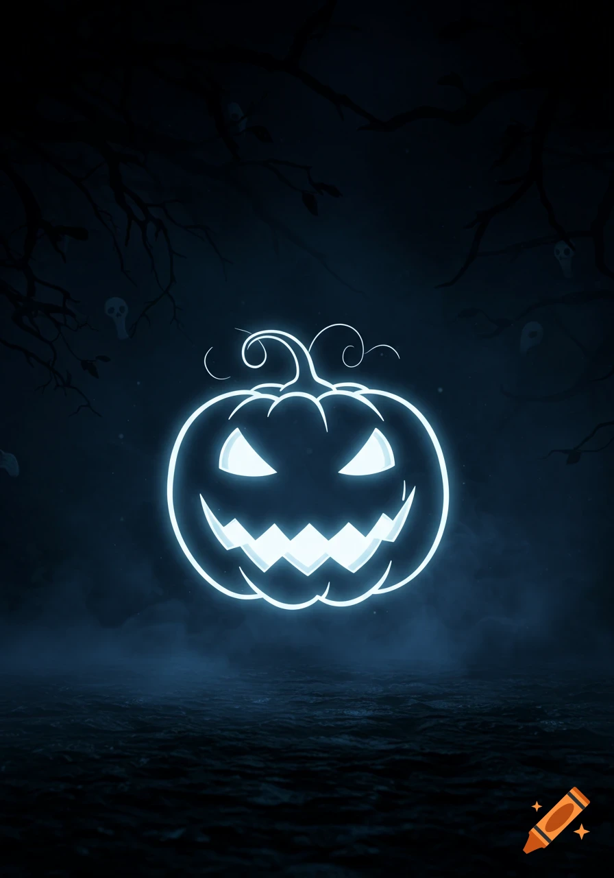 A neon blue glowing jack-o'-lantern in a dark, misty forest with silhouetted trees and subtle ghost figures.