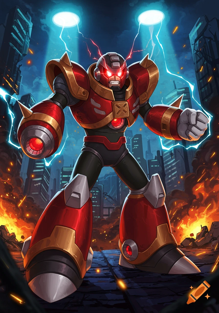 A powerful red and gold robot, Tyrant Man, with glowing red eyes and lightning, stands menacingly in a burning city.