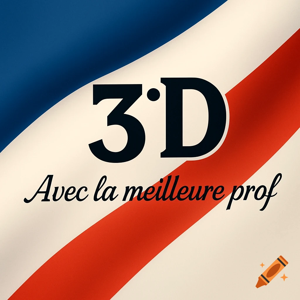 Modern graphic design with a wavy blue, white, and red background. Bold black text "30D" is centered, with "Avec la meilleure prof" in black italics below.