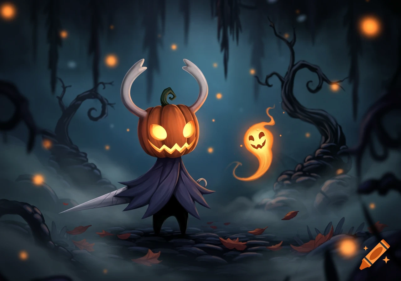 A Hollow Knight character with a glowing pumpkin head stands in a spooky forest with a glowing ghost nearby, illustration.