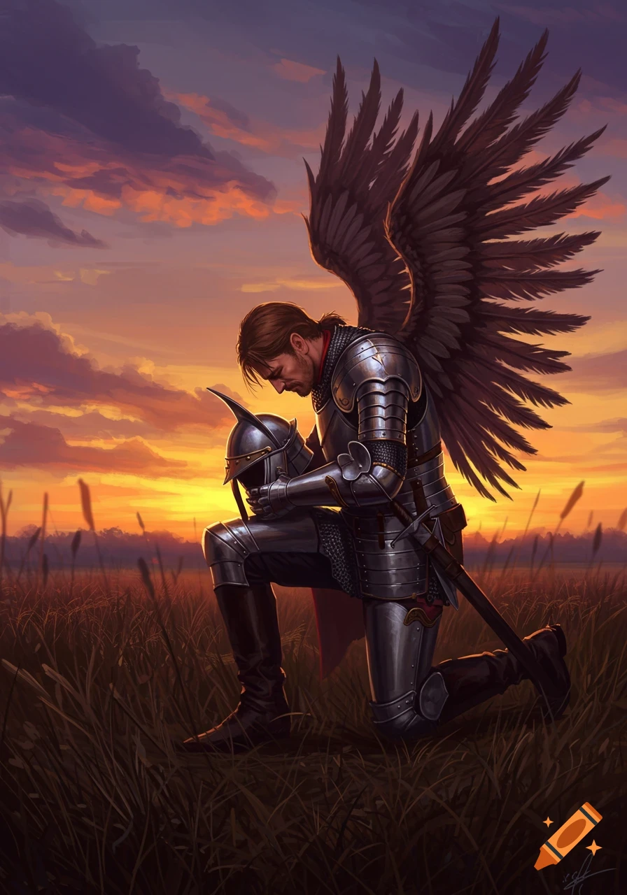 A winged knight in armor kneels solemnly in a grassy field at sunset, holding his helmet.