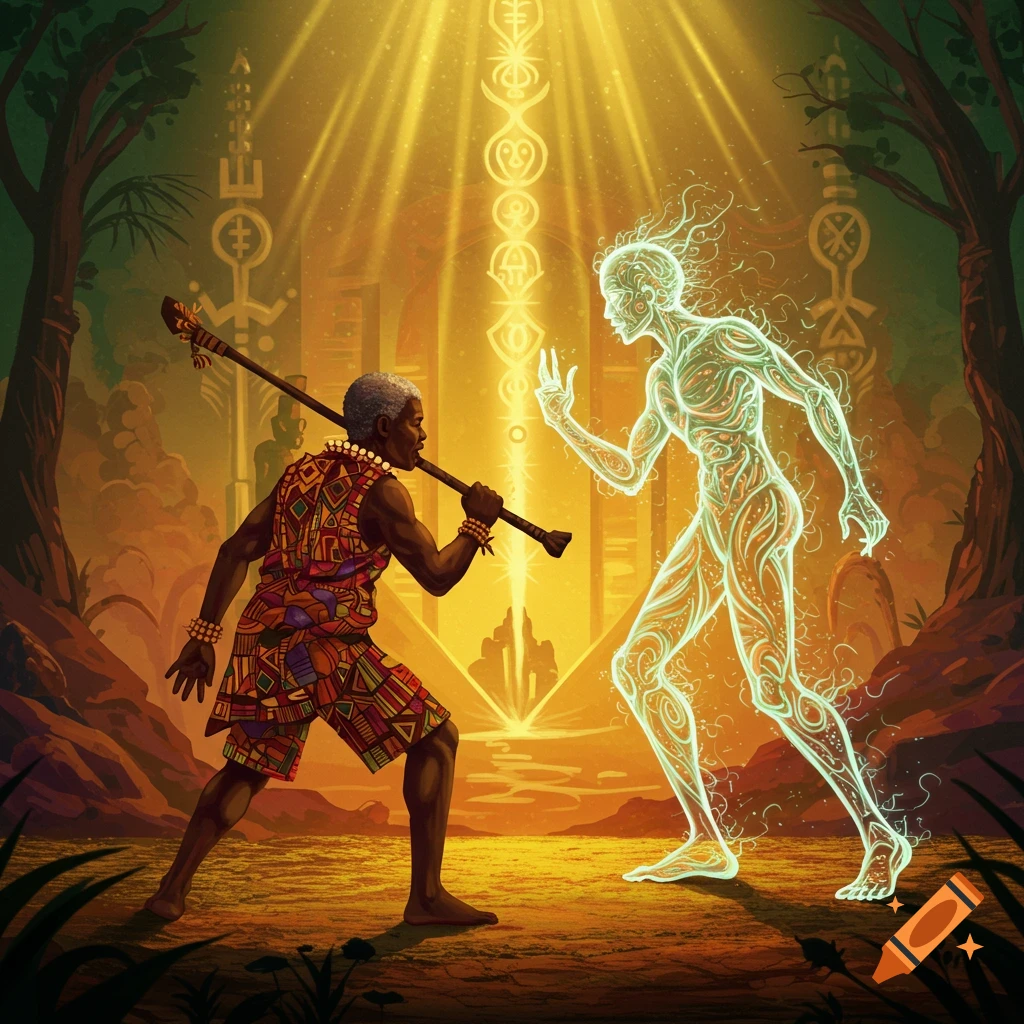 An African man in tribal clothes holding a staff confronts a glowing, spectral figure in a mystical jungle with symbolic light rays.