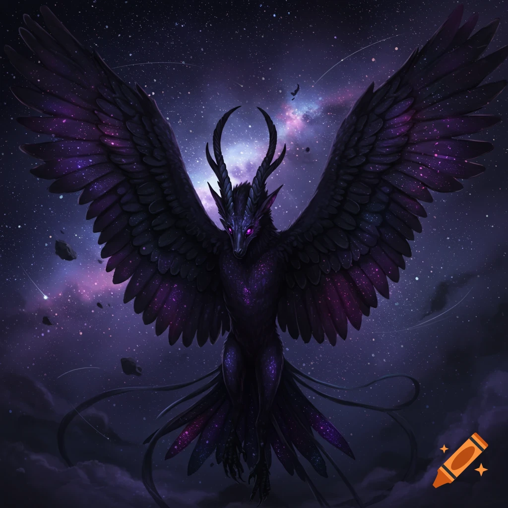 A dark fantasy creature with horns, glowing purple eyes, and galaxy-patterned wings spreads its wings against a starry purple nebula sky.