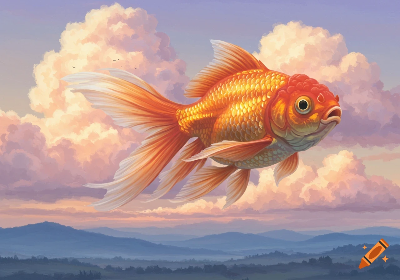 A large, golden goldfish with flowing fins swims through a pastel sky filled with fluffy clouds above rolling blue mountains.