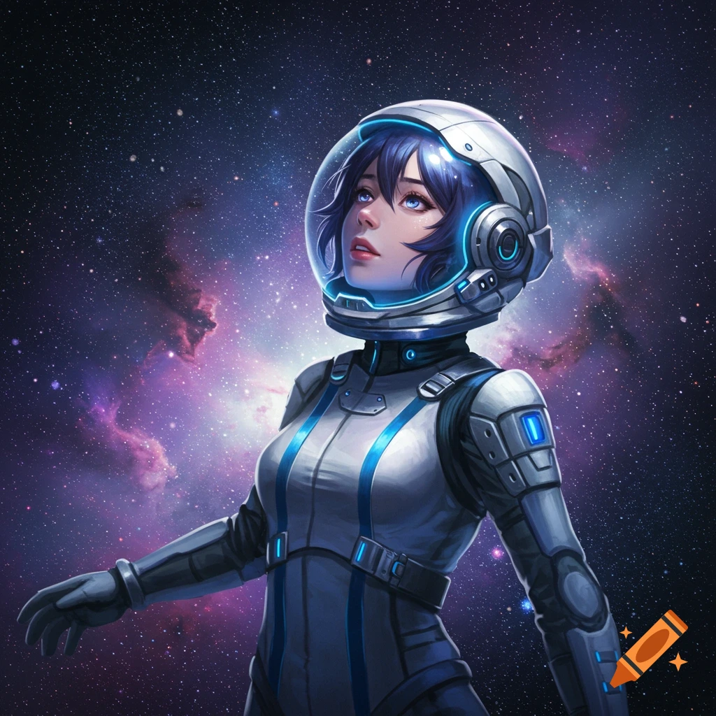 A stylized anime woman in a futuristic white and blue spacesuit looks up, with a purple nebula and stars in the background.