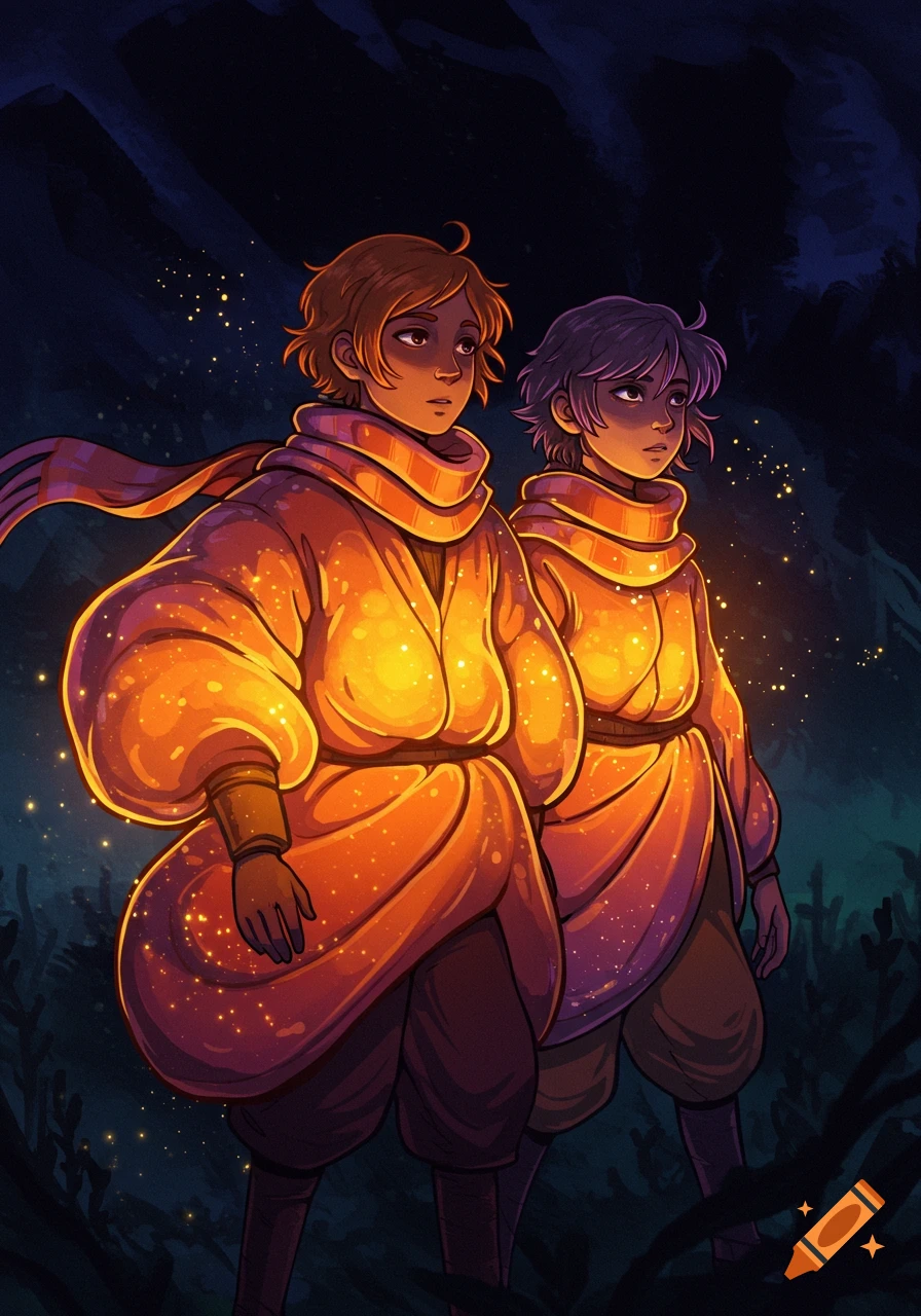 Two young people in glowing robes and scarves stand in a dark, magical forest with sparkling lights, in a fantasy illustration.