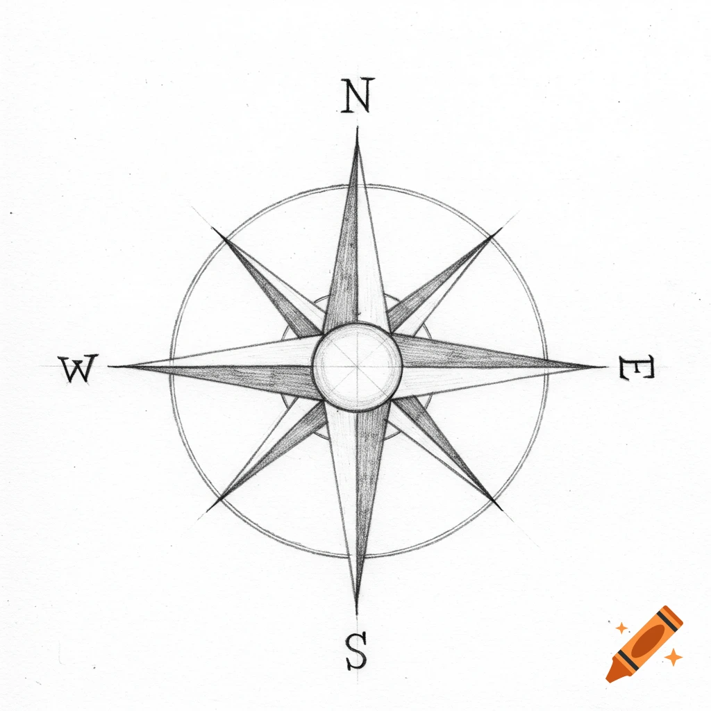Black and white pencil sketch of a modern compass rose on a white background, displaying the cardinal directions N, S, E, W.