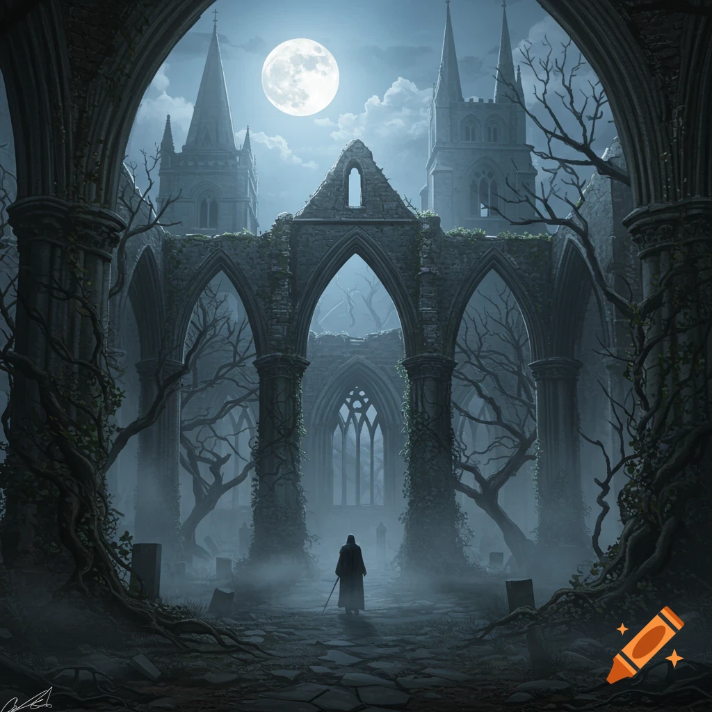 A robed figure walks through the eerie, fog-shrouded ruins of a gothic abbey under a full moon, with gnarled trees.