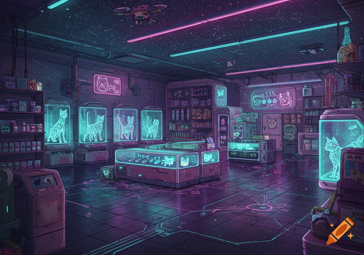 A vibrant, neon-lit cyberpunk pet shop interior with glowing holographic cats in display tanks, futuristic shelving, and drones flying above.
