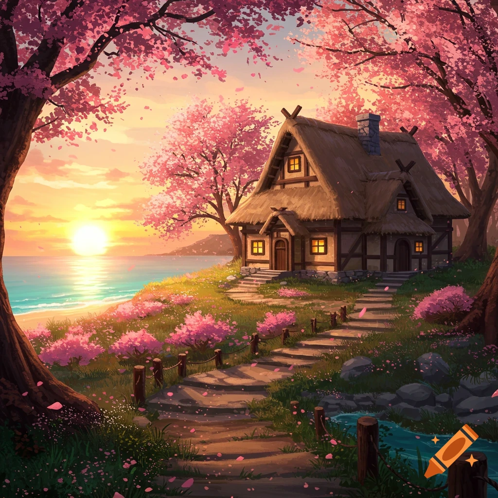 A vibrant digital painting of a cozy cottage on a cherry blossom hill overlooking a sunny ocean, with a path leading down.