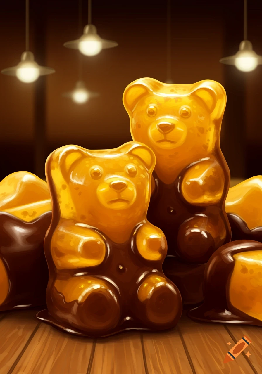 Golden gummy bears partially dipped in melted dark chocolate, on a wooden surface with warm background lighting.