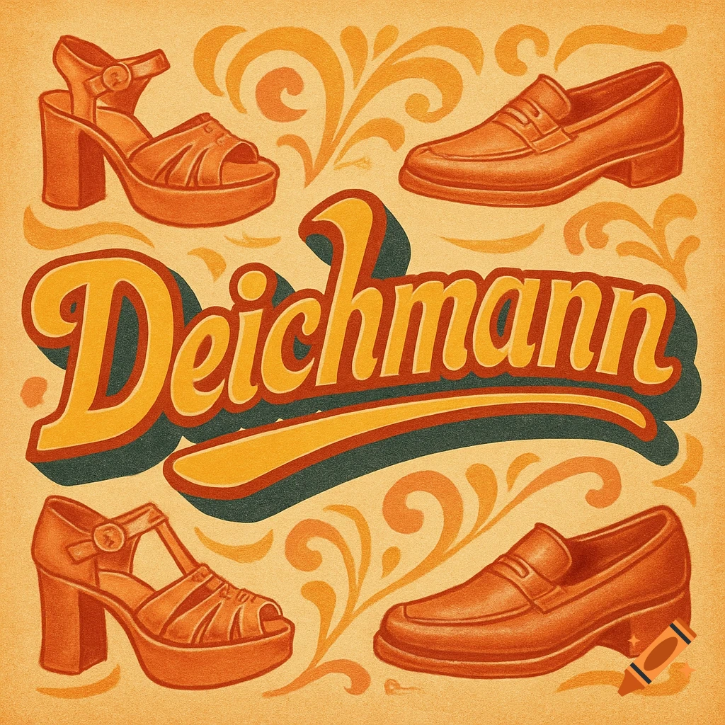 Retro-style illustration of a Deichmann logo flanked by two high-heeled sandals and two loafers on a textured background with swirling patterns.