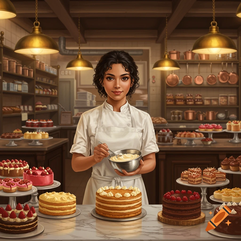 A smiling young woman baker in a white apron holds a bowl of cream in a vintage bakery filled with many decorated cakes.
