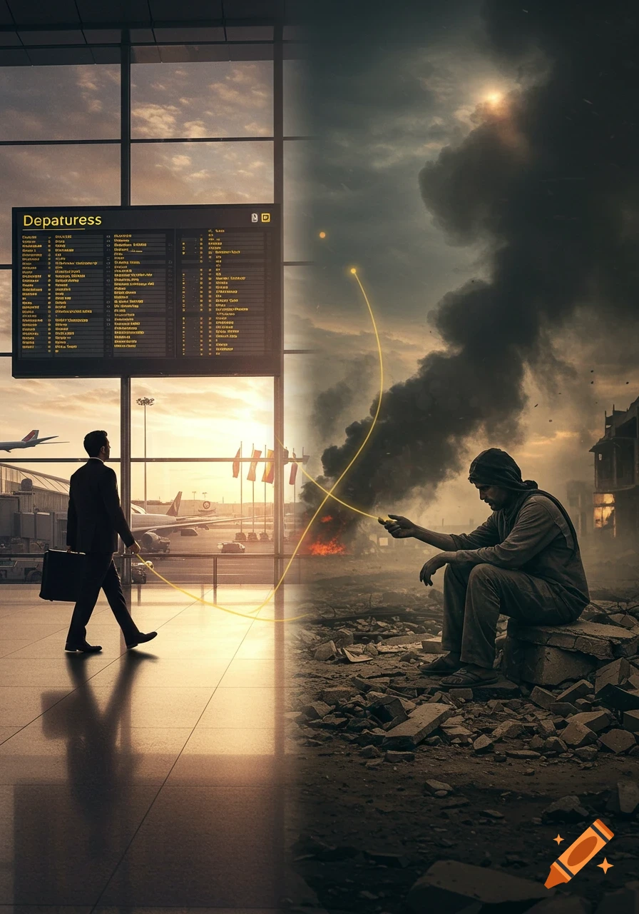 A split image shows a man in an airport departure lounge and another in a war-torn city, connected by a glowing line.