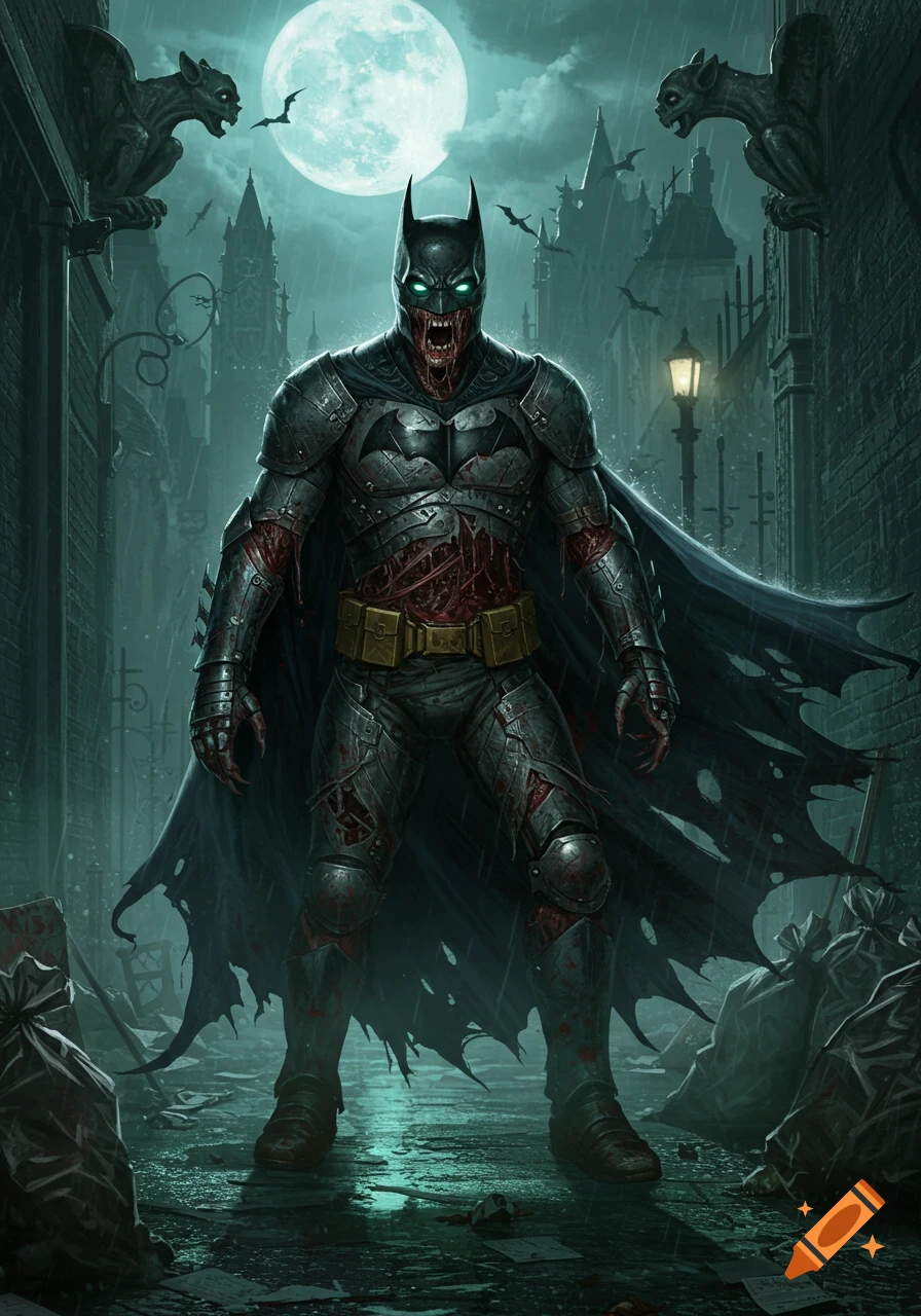 A terrifying zombie Batman in tattered armor stands in a rainy, gothic city street under a full moon, flanked by gargoyles.