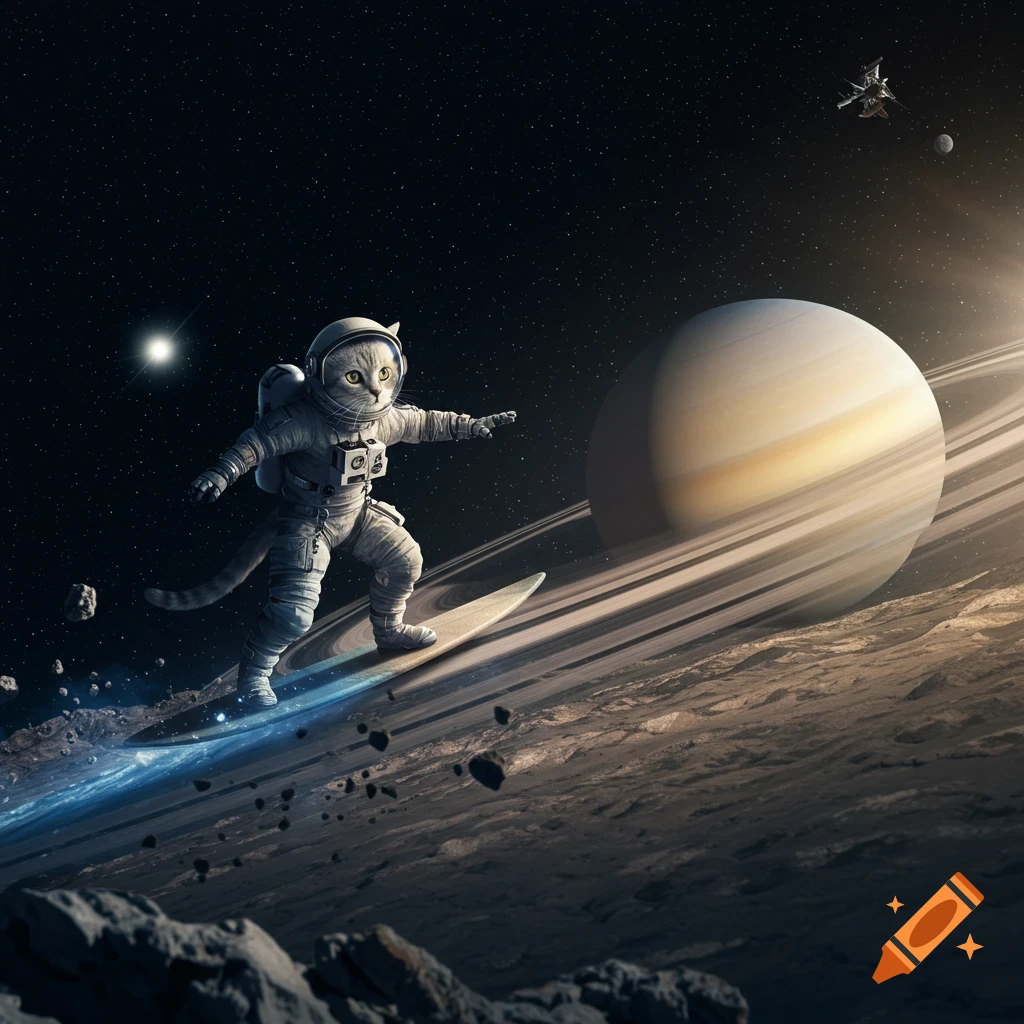 A cat in a spacesuit surfs a luminous blue path on Saturn's rings, with the planet and stars visible in the background.