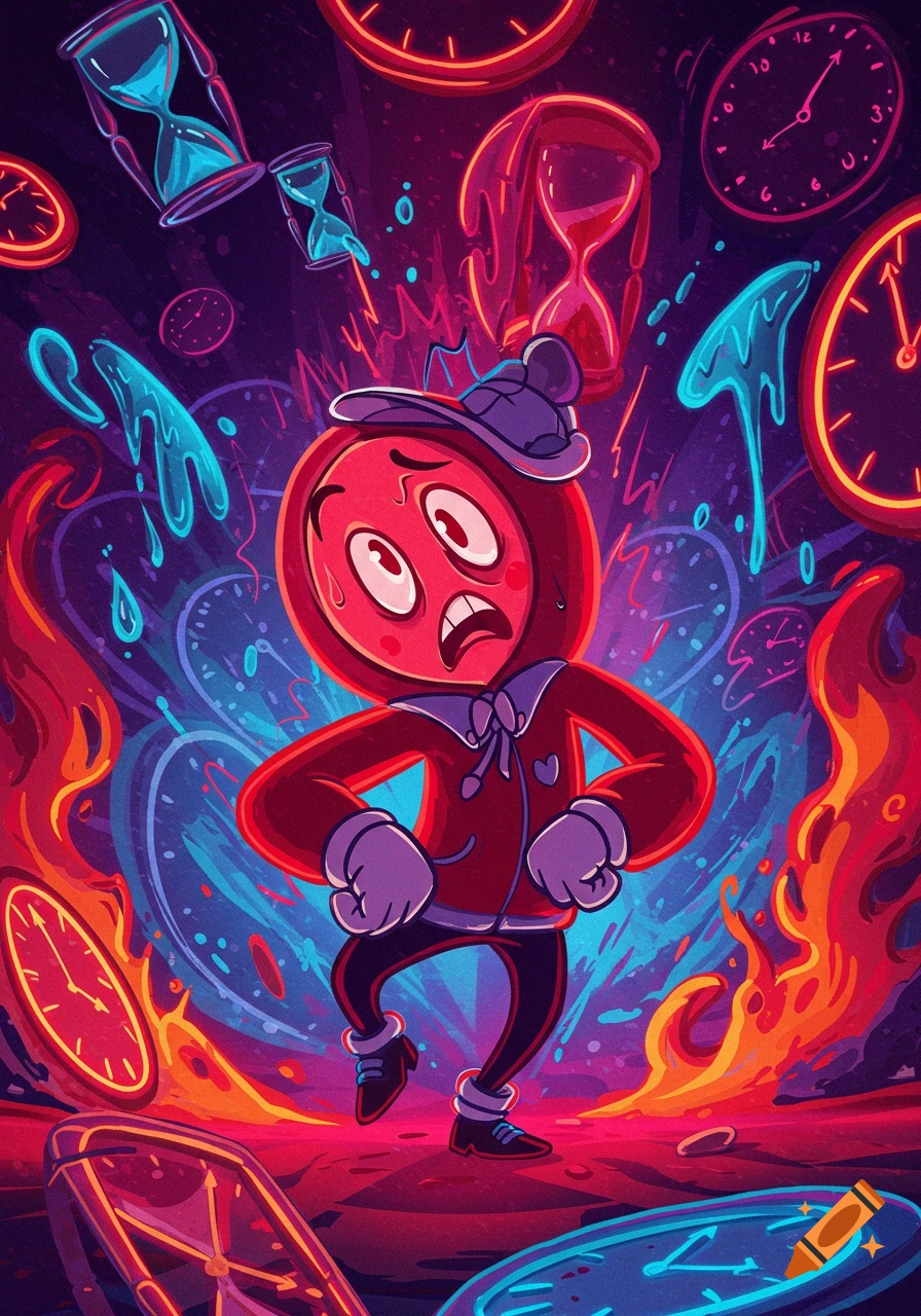 A distressed red cartoon character in a hoodie and hat, surrounded by melting clocks and fiery/icy elements, in a vibrant, surreal illustration style.