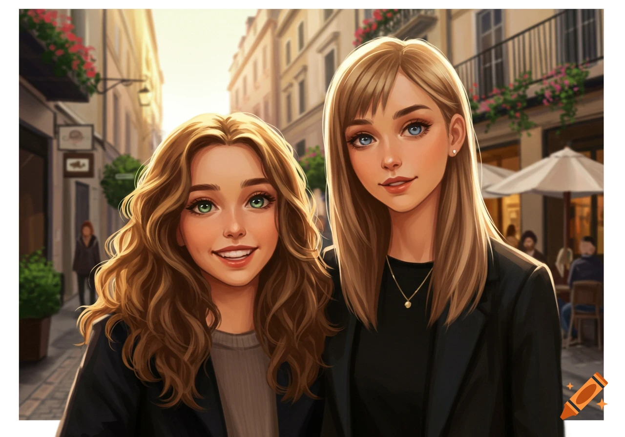 Two smiling anime-style young women, one with curly brown hair and green eyes, the other with straight blonde hair and blue eyes, stand on a sunny European street.