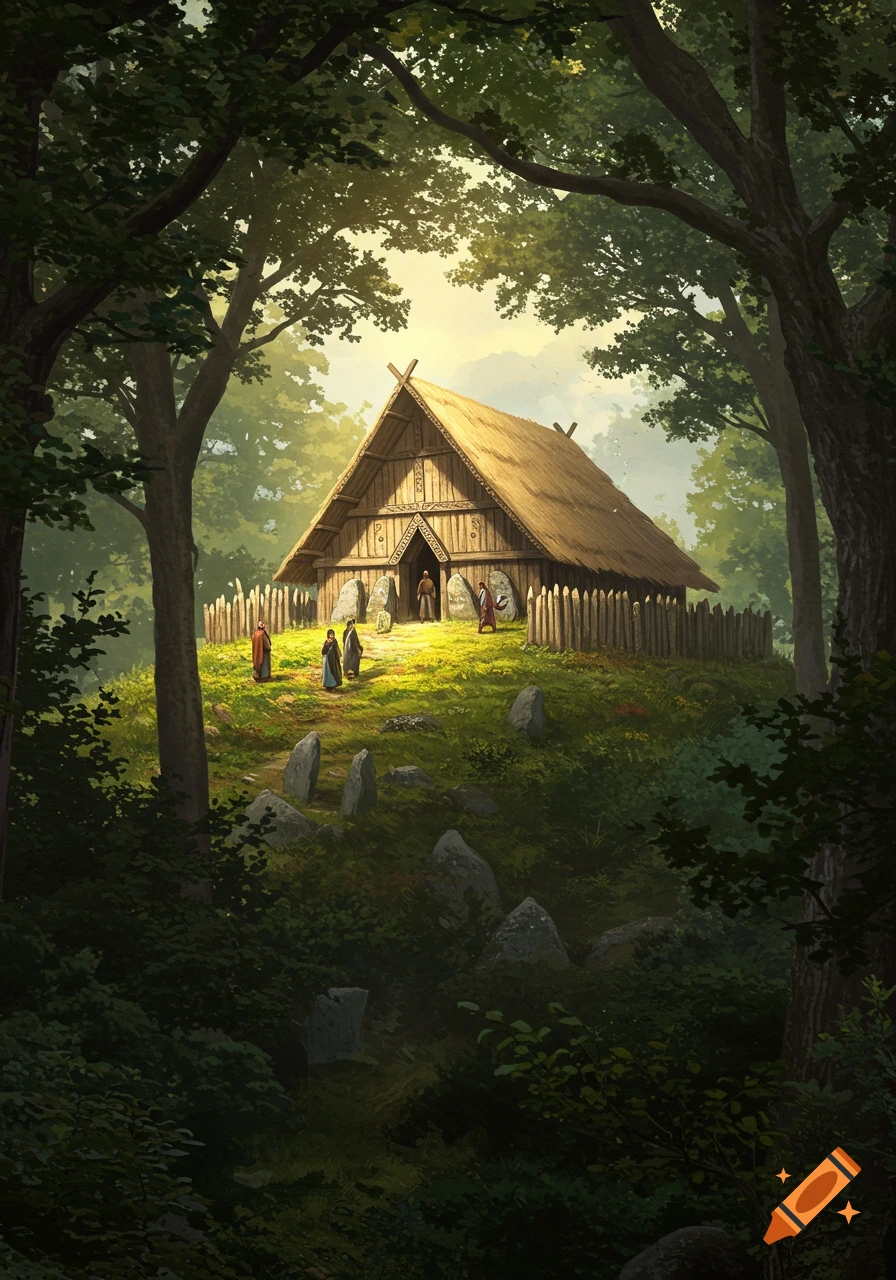 A rustic wooden temple with a thatched roof on a grassy mound, surrounded by a palisade and tall trees, with people gathered outside. Stylized art.
