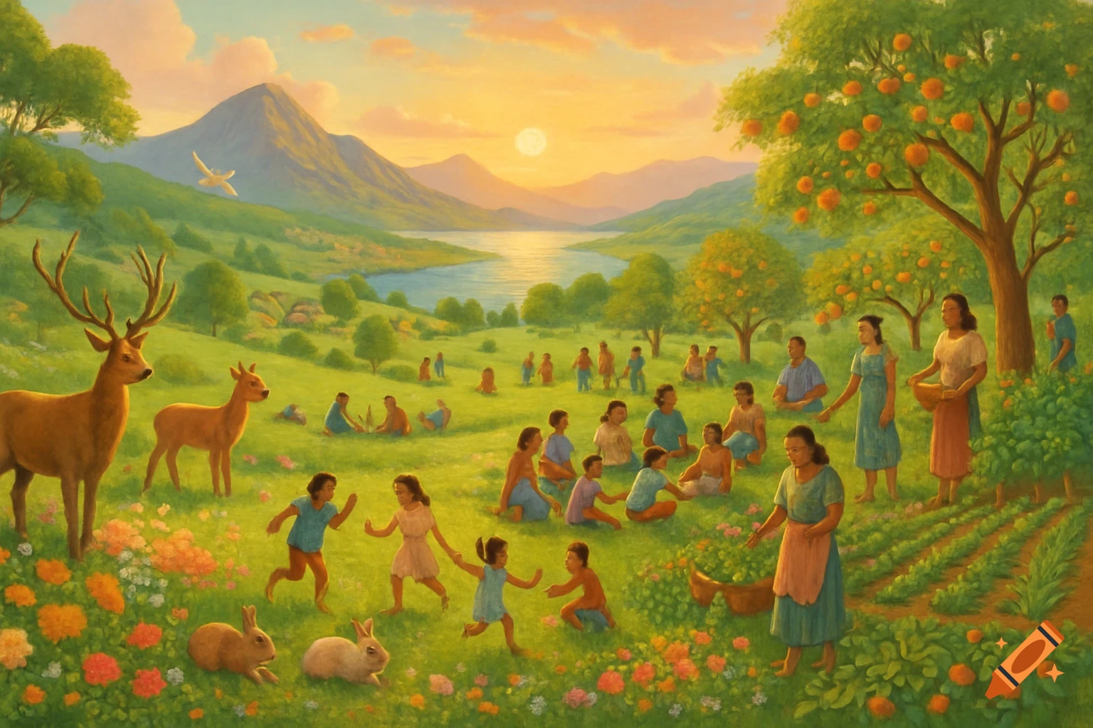 Painterly utopian landscape at sunset with diverse people, deer, and rabbits in a flowery field by a lake and mountains.