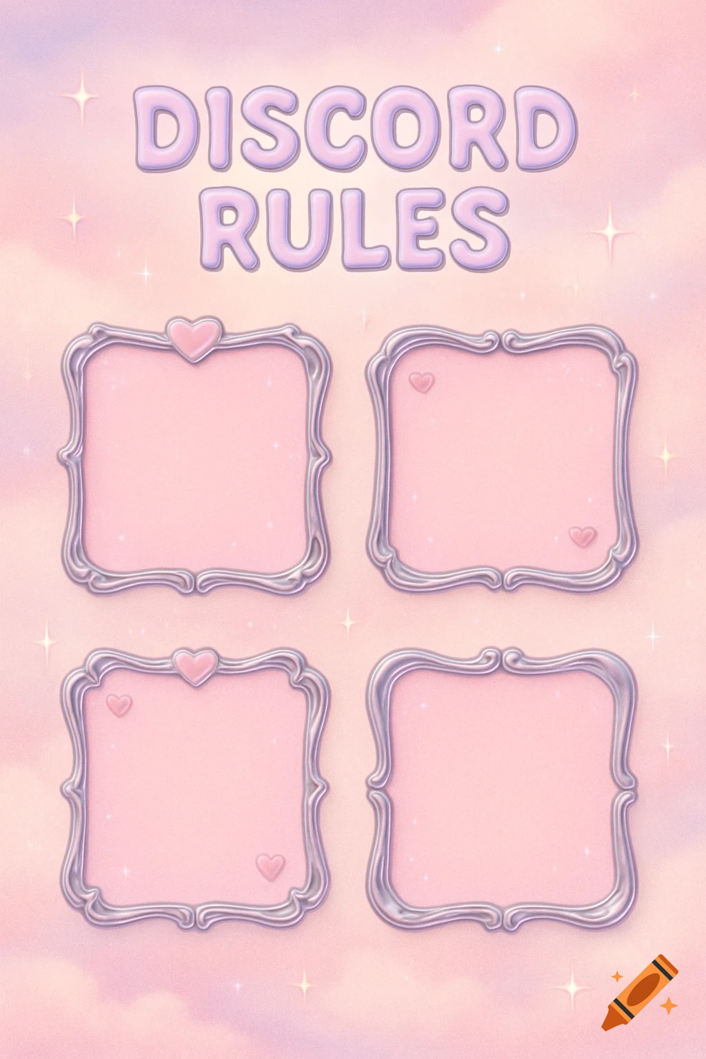 A pastel pink Discord rules layout with 'DISCORD RULES' text, four silver ornate frames with hearts, and sparkles on a cloudy background.