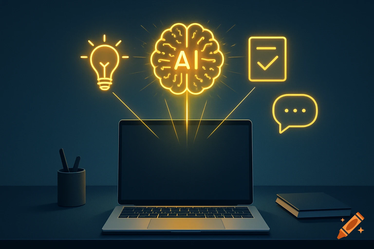 A laptop on a dark desk with glowing AI brain, lightbulb, document, and speech bubble icons above, connected by light rays.