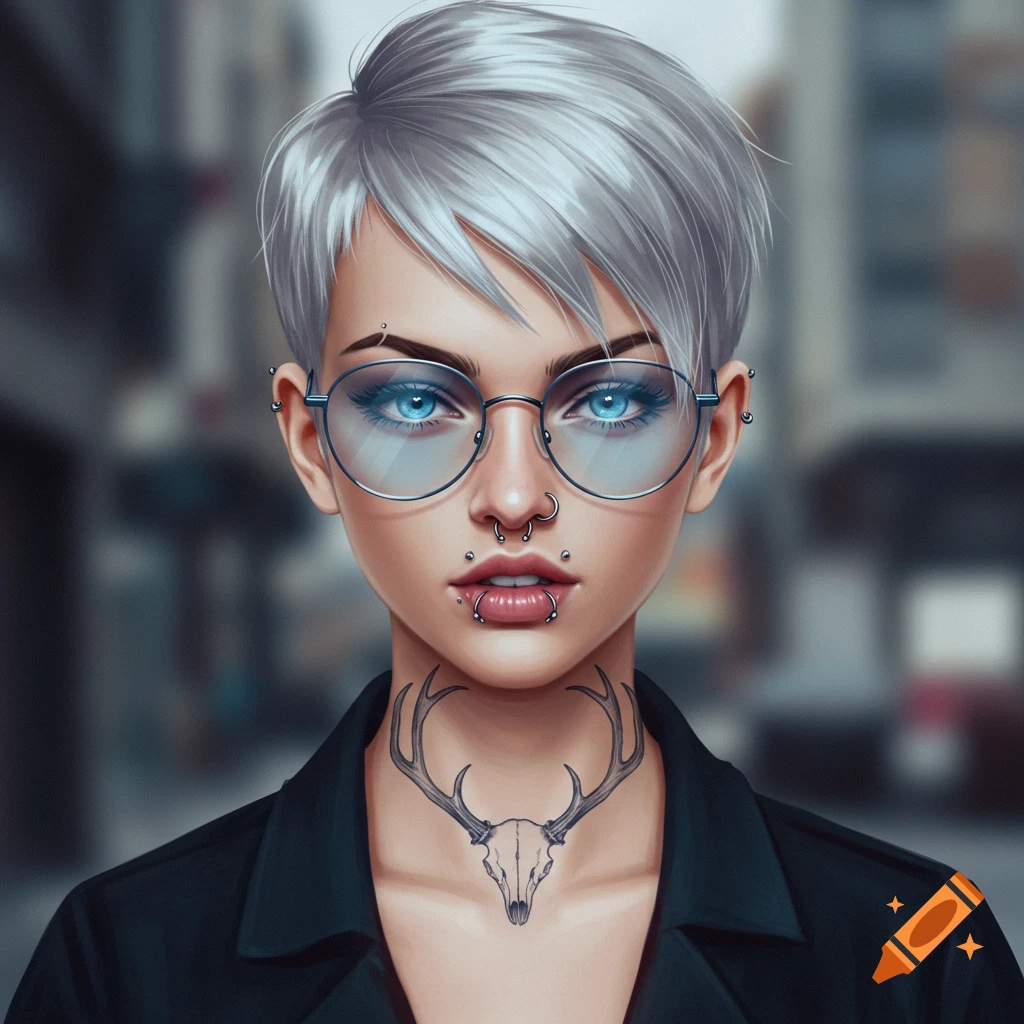Stylized portrait of a woman with silver pixie cut, blue eyes, glasses, facial piercings, and an antler skull neck tattoo.