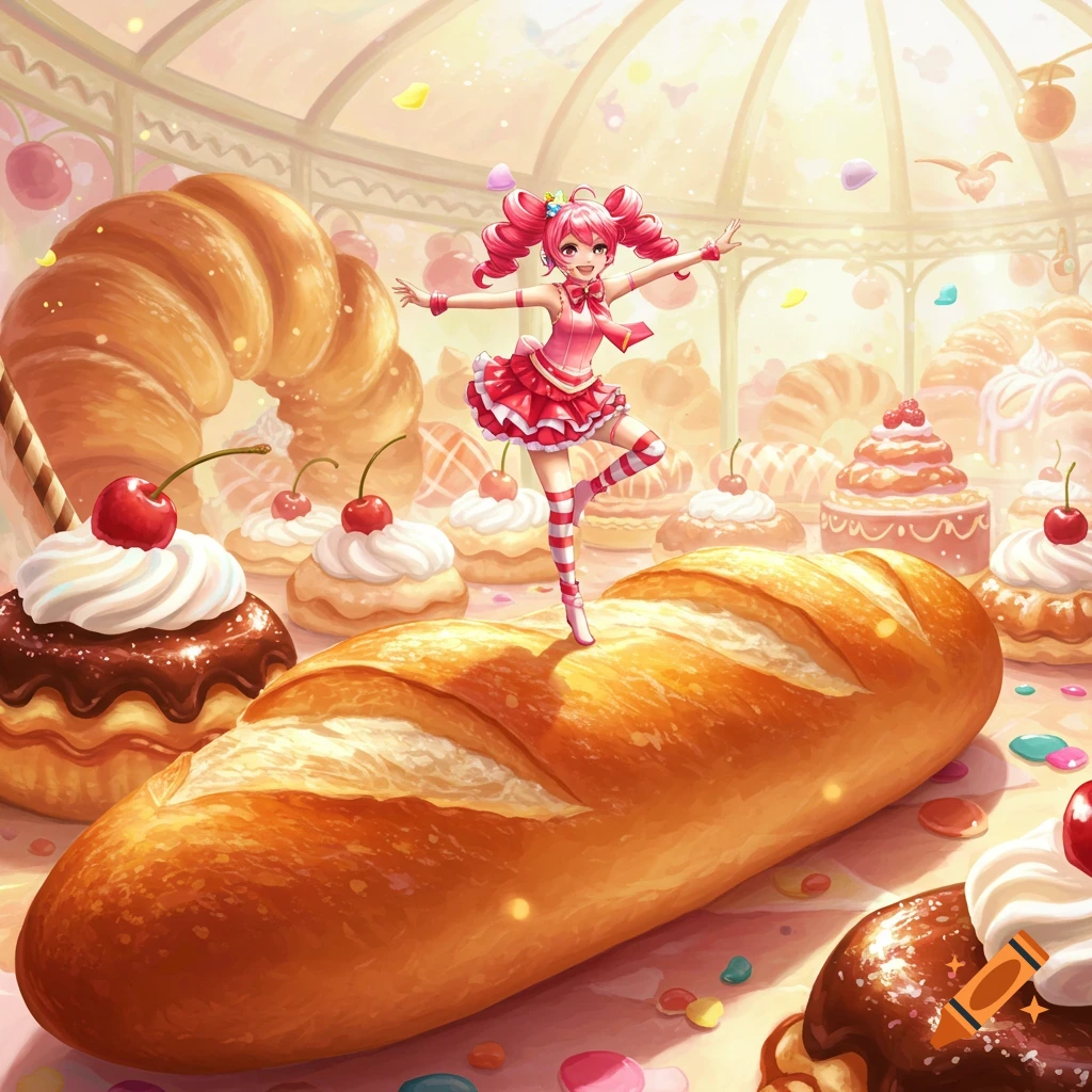 An anime girl with pink pigtails, wearing a red and white outfit, balances on a large baguette in a pastry shop filled with desserts.