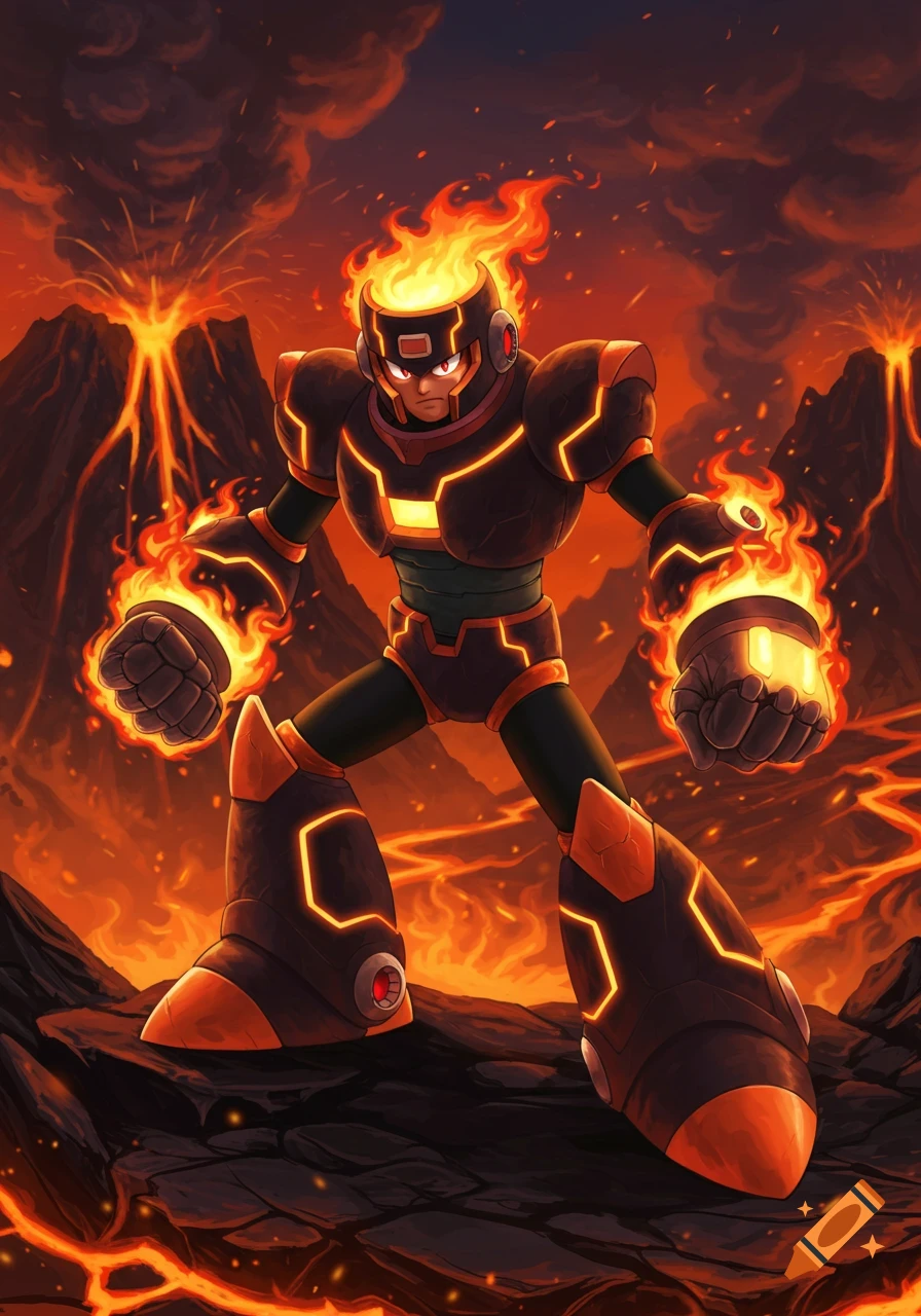 An Ember Man robot master with flames on its head and fists stands amidst erupting volcanoes and lava streams.